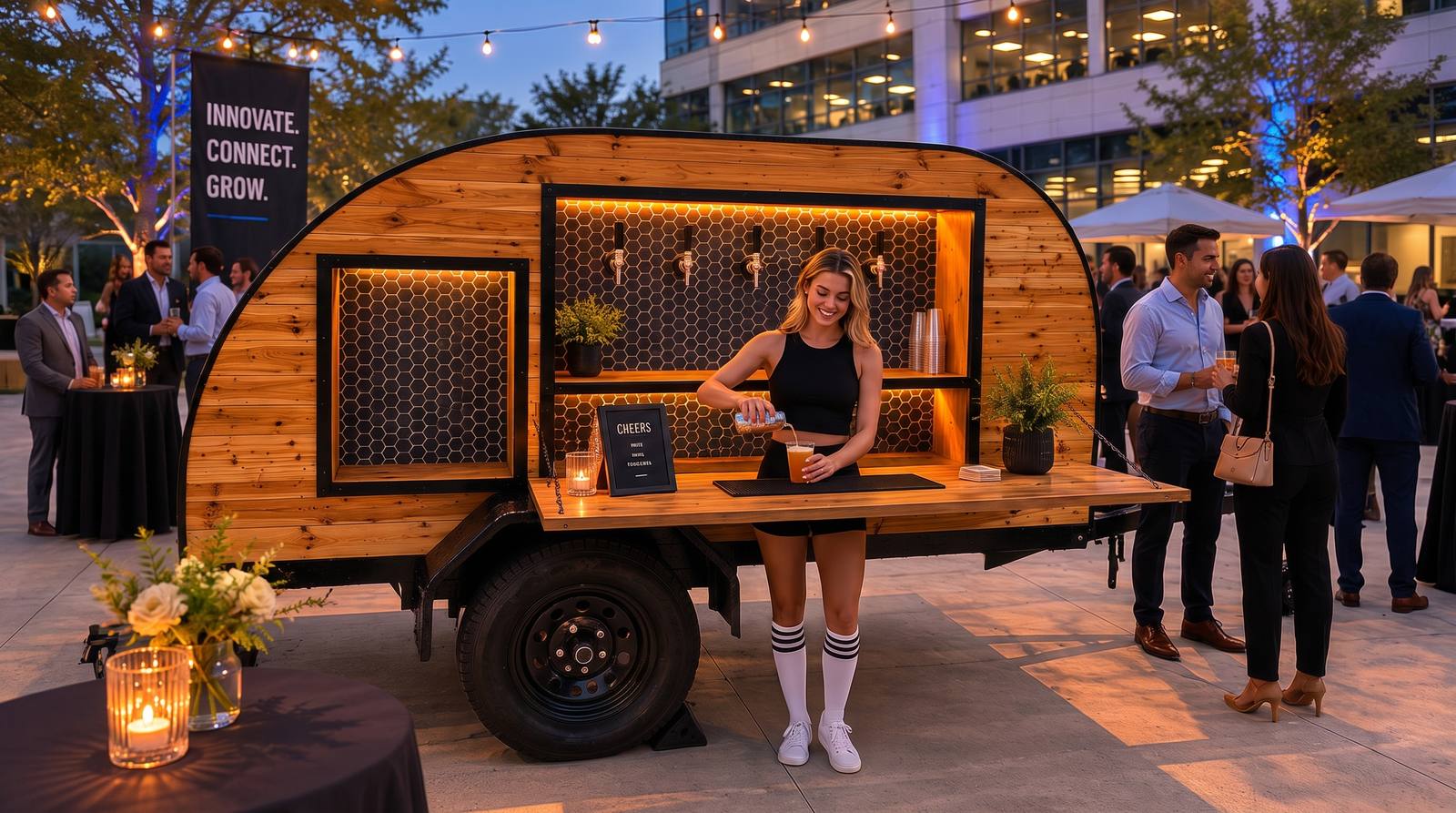 Cooper's mobile bar bartender serving at a corporate event