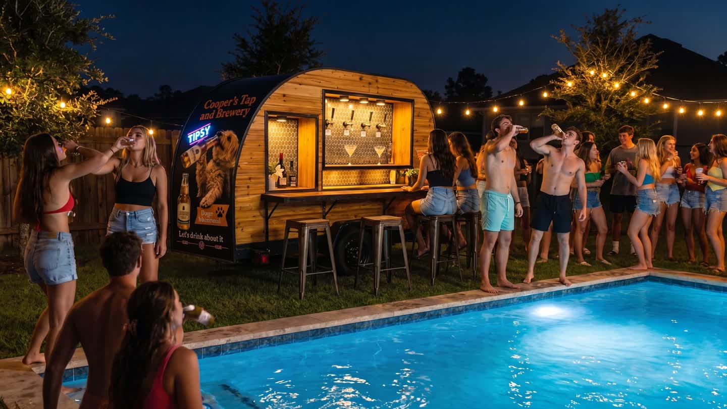 Cooper's Tap and Brewery mobile bar trailer at a South Florida pool party