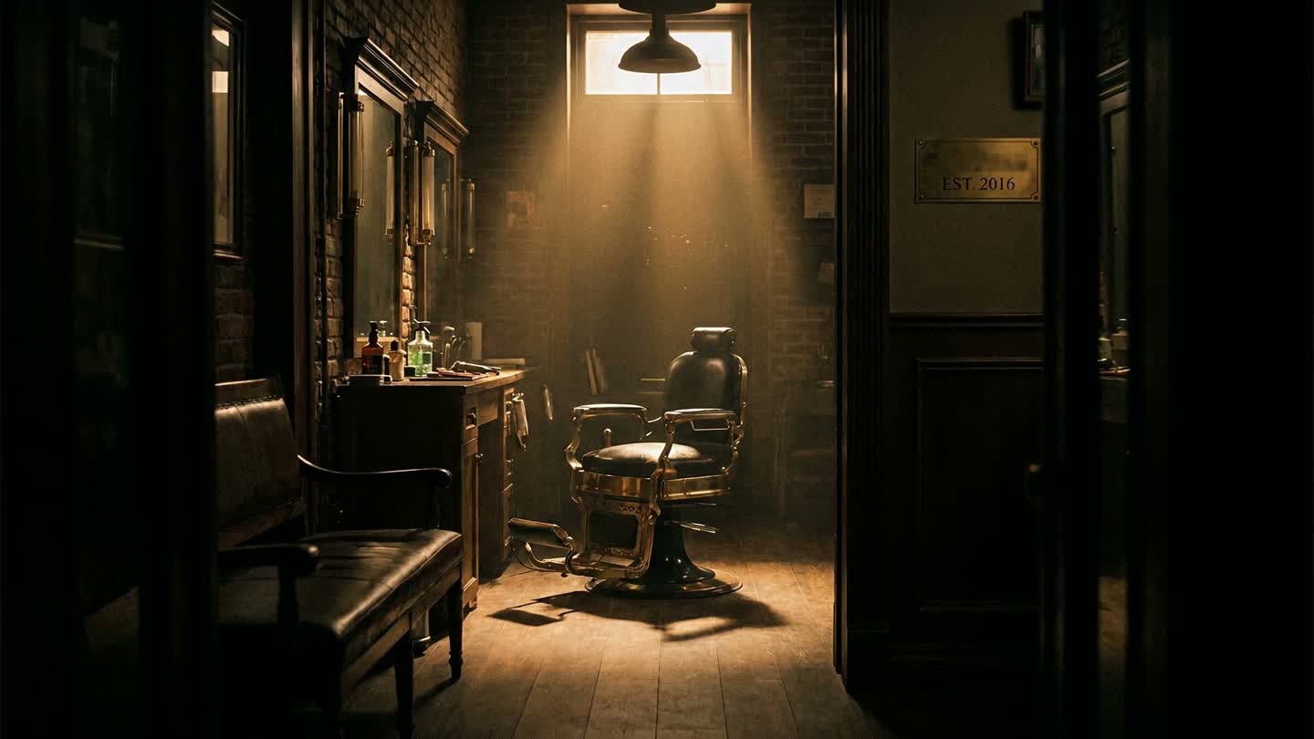 Vintage barber chair under a warm spotlight inside Gentlemens Quarters Barbershop